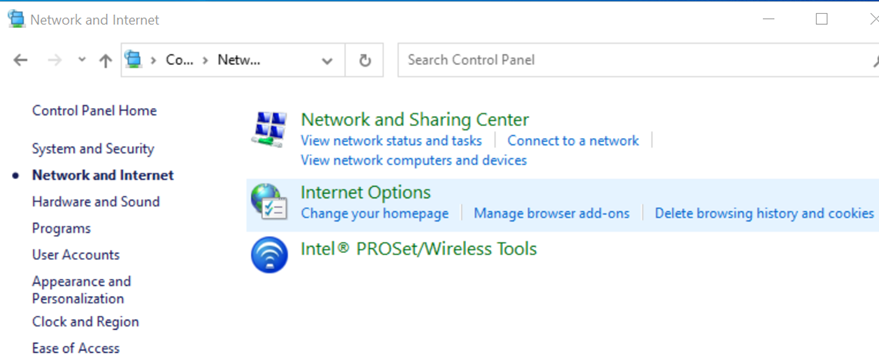 Internet options menu highlighted in control panel